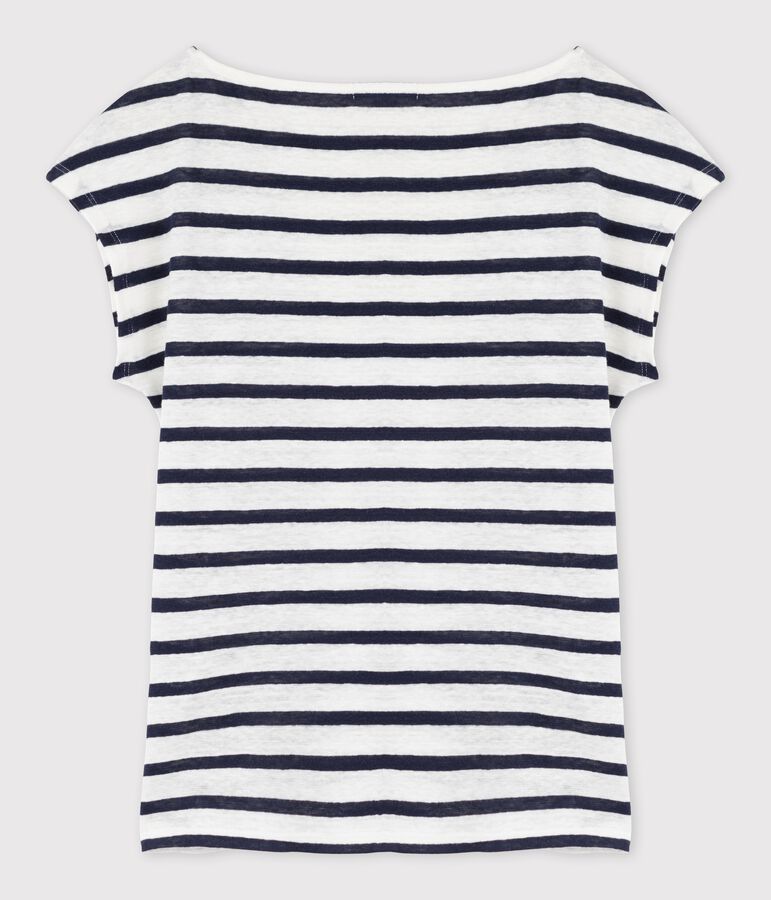 Camiseta de lino rayado para mujer blanco/azul
