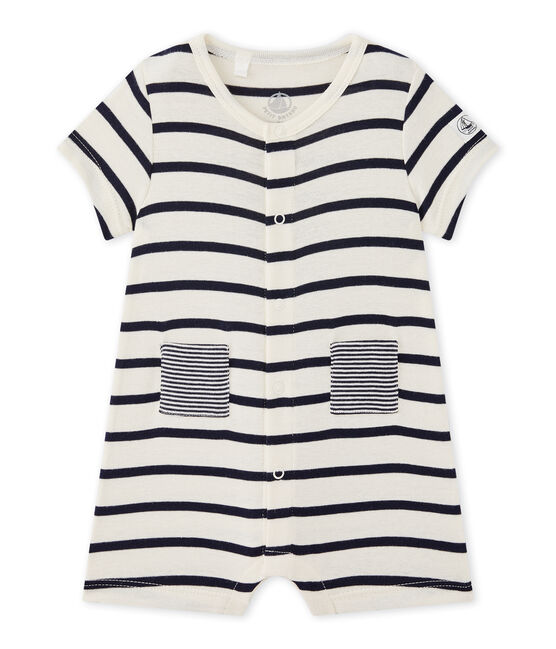 Pelele corto de rayas bebé niño beige COQUILLE/azul ABYSSE