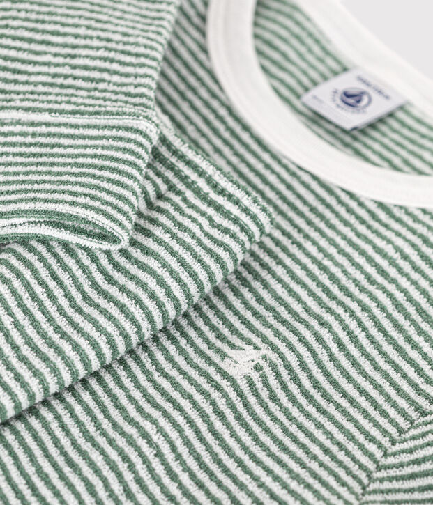 Pijama infantil de tejido de rizo cepillado a rayas verde/blanco
