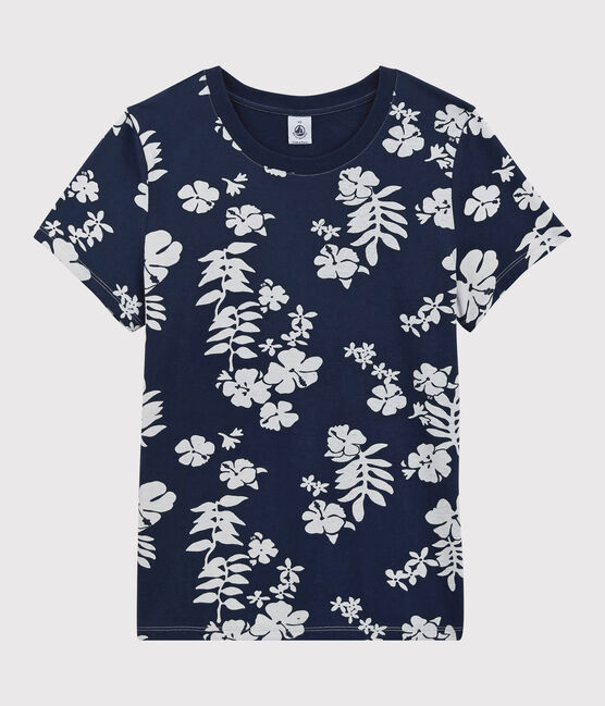 Camiseta RECTA con cuello redondo de algodón orgánico de mujer azul MEDIEVAL/blanco MARSHMALLOW