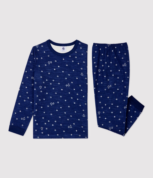 Pijama de Jacquard con copos de ni&ntilde;a/ni&ntilde;o de lana y algod&oacute;n azul/blanco