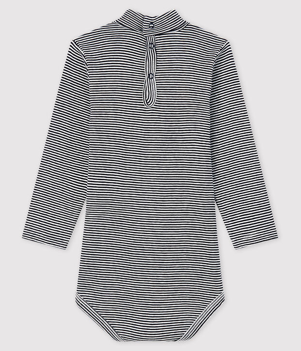 Bodi de manga larga con cuello de tortuga para beb&eacute; azul/blanco