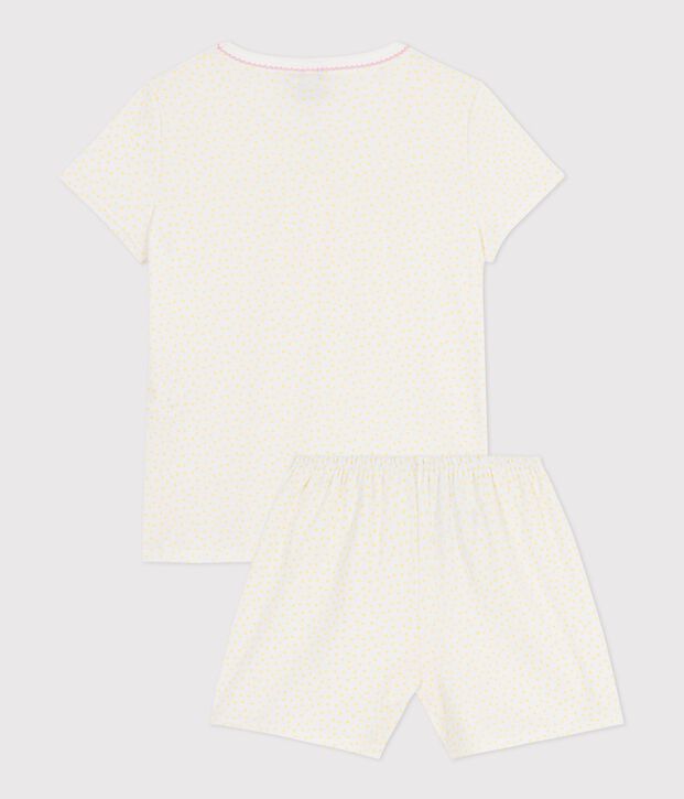 Pijama corto infantil de algod&oacute;n con frunces y estampado de lunares amarillo/blanco