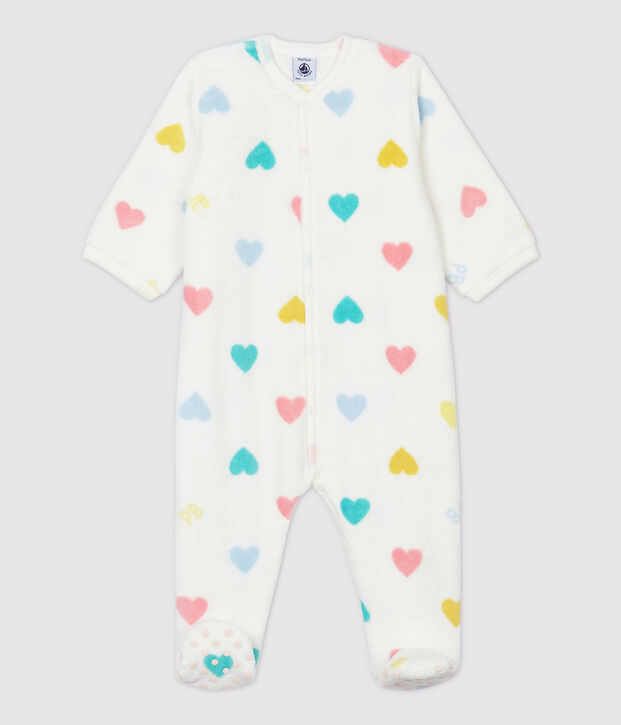 Mono pijama con corazones de beb&eacute; de tejido polar blanco/multicolor
