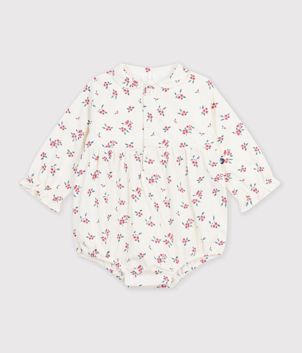 Pelele corto para beb&eacute; de terciopelo fino, con cuello estampado de ar&aacute;ndanos. crudo/multicolor