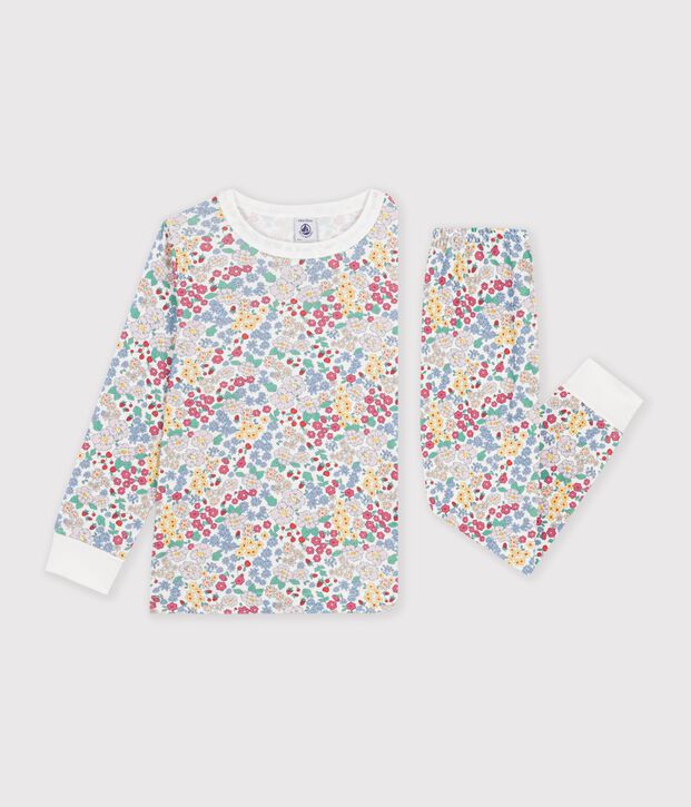 Pijama infantil de algod&oacute;n con flores blanco/multicolor