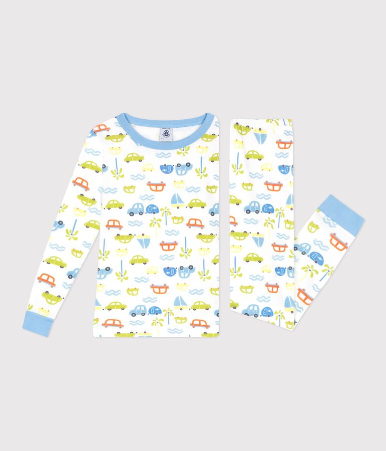 Pijama infantil muy ajustado de algod&oacute;n con estampado de coches blanco MARSHMALLOW/blanco MULTICO