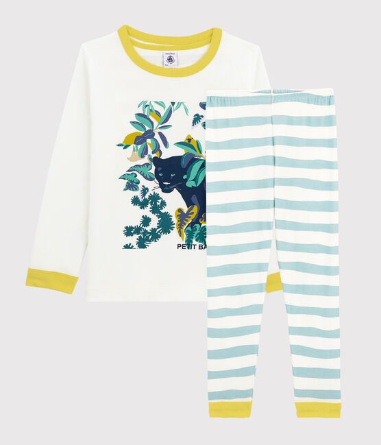 Pijama de dibujo de pantera de punto para niño blanco MARSHMALLOW/azul CRYSTAL