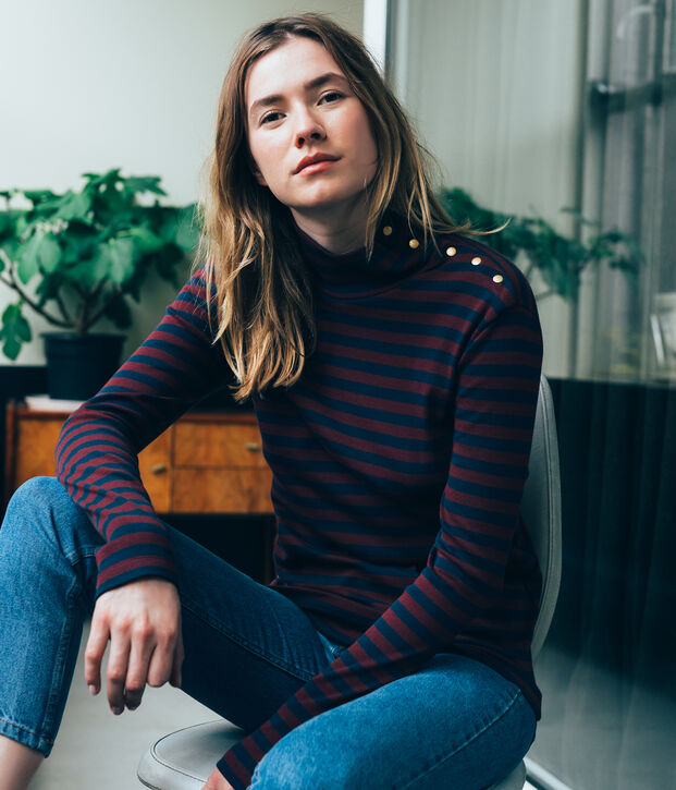 Camiseta de cuello alto para mujer azul/rojo