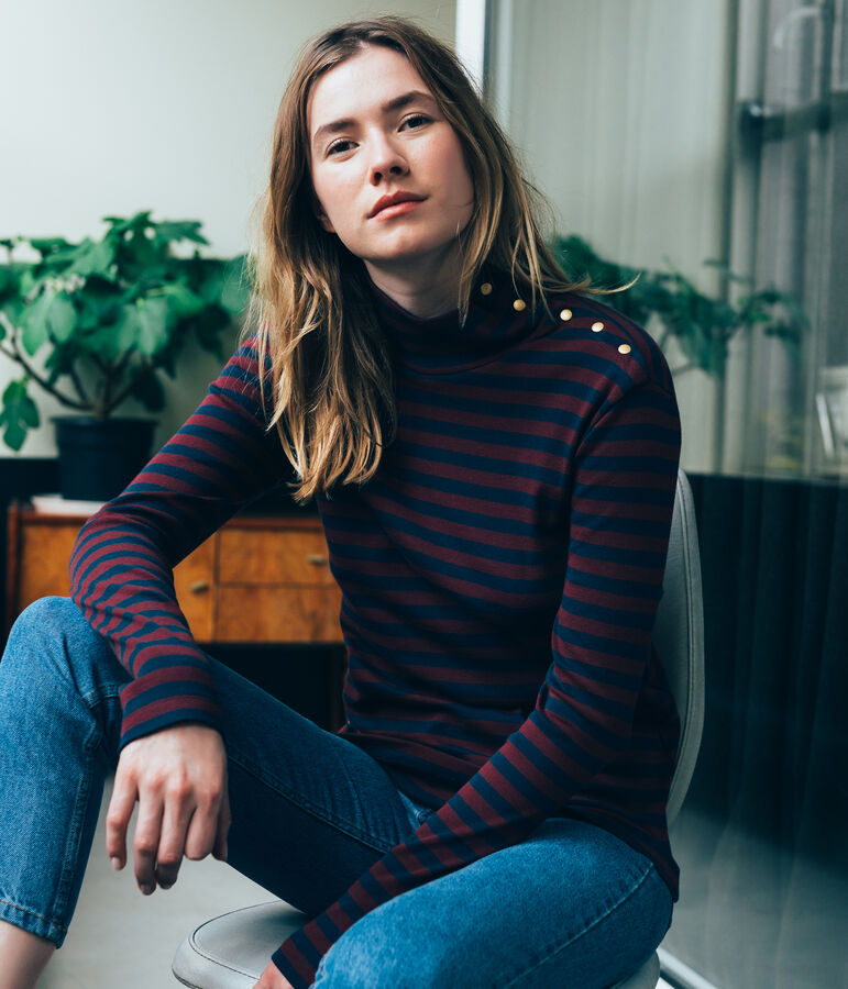 Camiseta de cuello alto para mujer azul/rojo