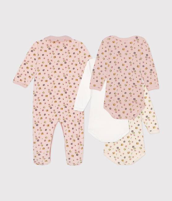 Caja con pijama y 3 bodis de flores para bebé variante 1