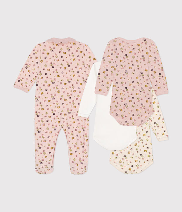 Caja con pijama y 3 bodis de flores para beb&eacute; multicolor