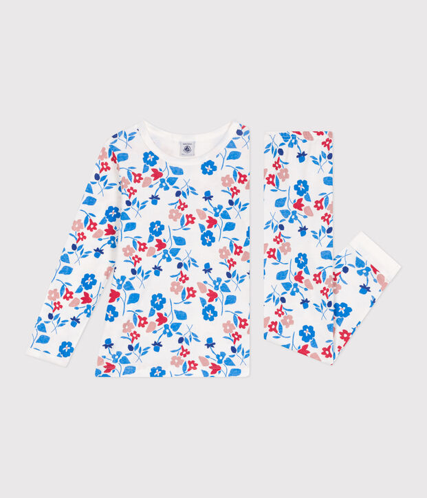 Pijama infantil de t&uacute;bico con estampado de flores blanco/multicolor