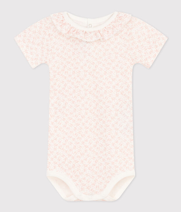Bodi de manga corta con cuello isabelino de algod&oacute;n de beb&eacute; blanco/rosa