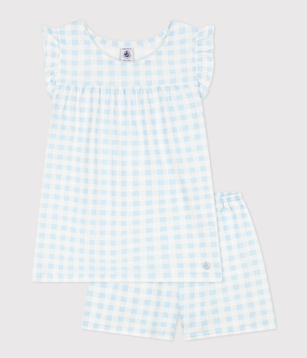 Pijama corto de algod&oacute;n fino con estampado vichy para ni&ntilde;a blanco/azul