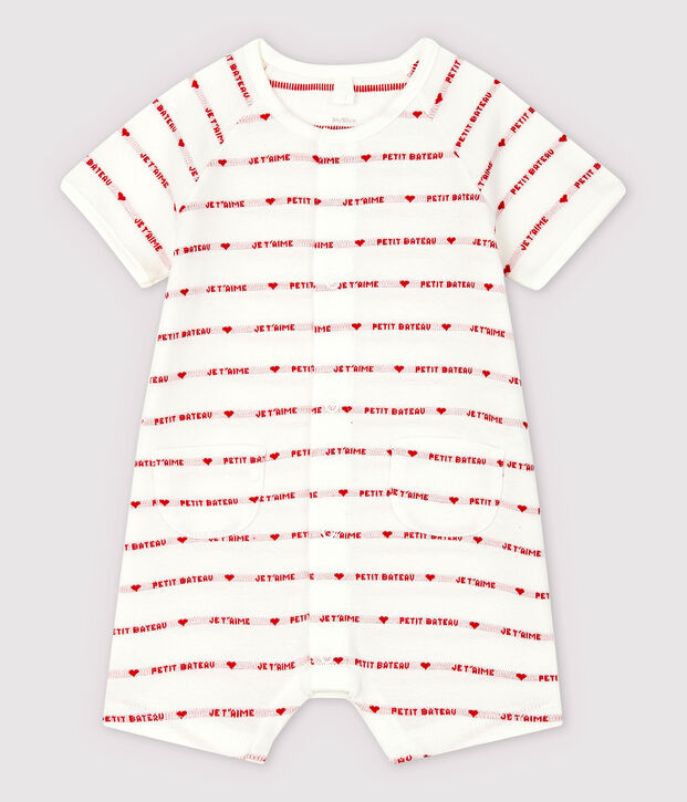 Mono corto Petit Bateau con Je t'aime de jacquard de algod&oacute;n ecol&oacute;gico blanco/rojo