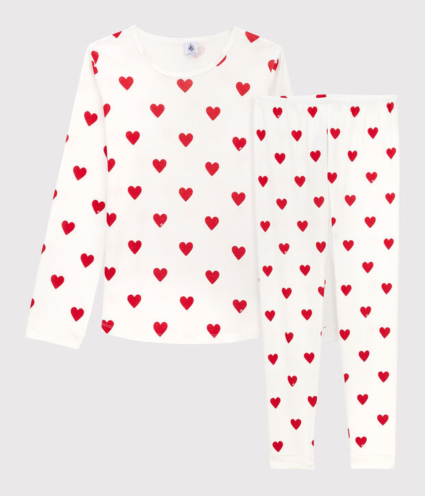 Pijama de punto con estampado de corazones para ni&ntilde;a blanco/rojo