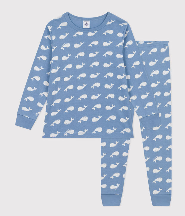 Pijama infantil de algod&oacute;n con estampado de ballena azul/blanco