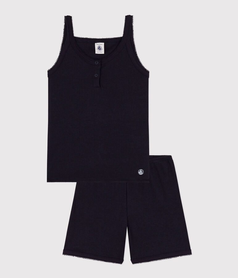 Pijama corto y liso de tirantes de algod&oacute;n y lyocell para ni&ntilde;a azul