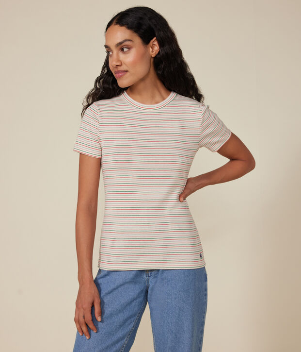 Camiseta Iconique de manga corta de algod&oacute;n a rayas para mujer crudo/multicolor