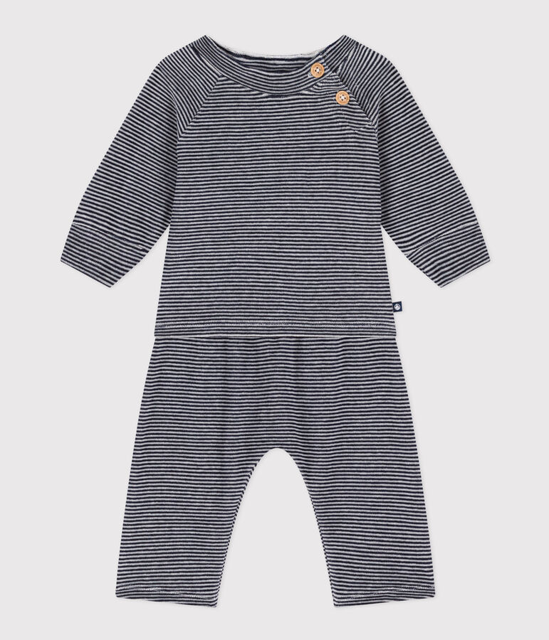 Conjunto de terciopelo a rayas para beb&eacute; azul SMOKING/blanco MARSHMALLOW