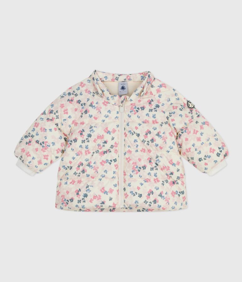 Chaqueta de plum&oacute;n para beb&eacute; con estampado floral y capucha extra&iacute;ble. crudo/multicolor