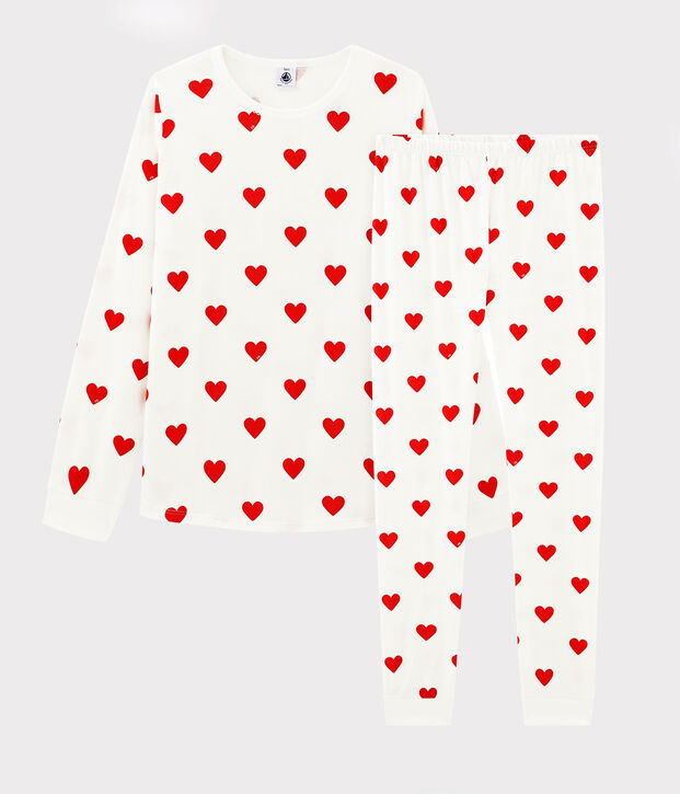 Pijama de ni&ntilde;a-mujer con corazones de punto blanco/rojo