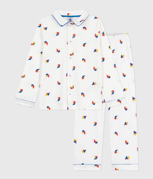 Pijama infantil abotonado de algod&oacute;n estampado blanco/azul/multicolor