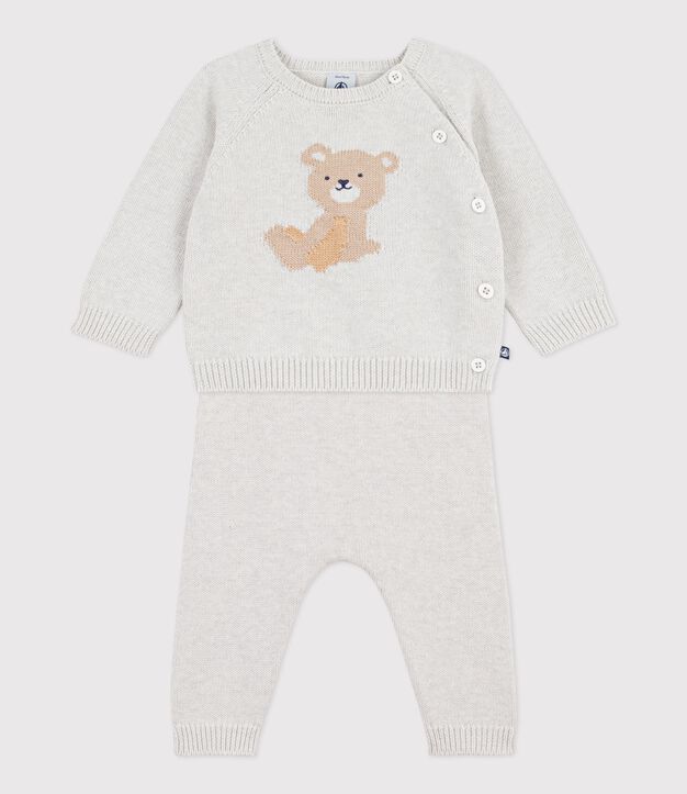 Conjunto de dos piezas para beb&eacute; en punto de algod&oacute;n con estampado de osito de peluche. MONTELIMAR CHINE