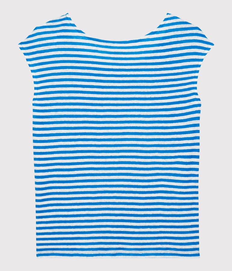 Camiseta de lino de rayas de mujer azul/blanco