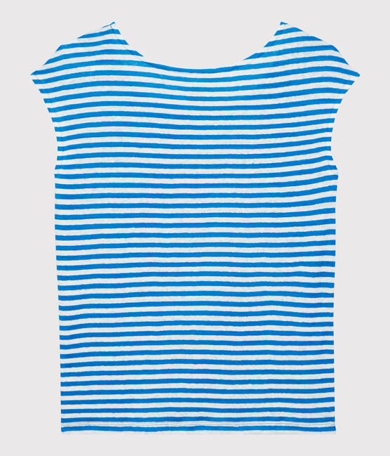 Camiseta de lino de rayas de mujer azul MYKONOS/blanco MARSHMALLOW
