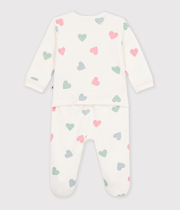 Pijama de rizo de algod&oacute;n con estampado de corazones y abertura sin botones de presi&oacute;n para beb&eacute; crudo/multicolor