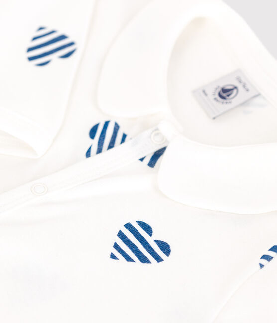 Pijama sin pies de algodón con cuello con corazón a rayas para bebé blanco MARSHMALLOW/blanco MULTICO