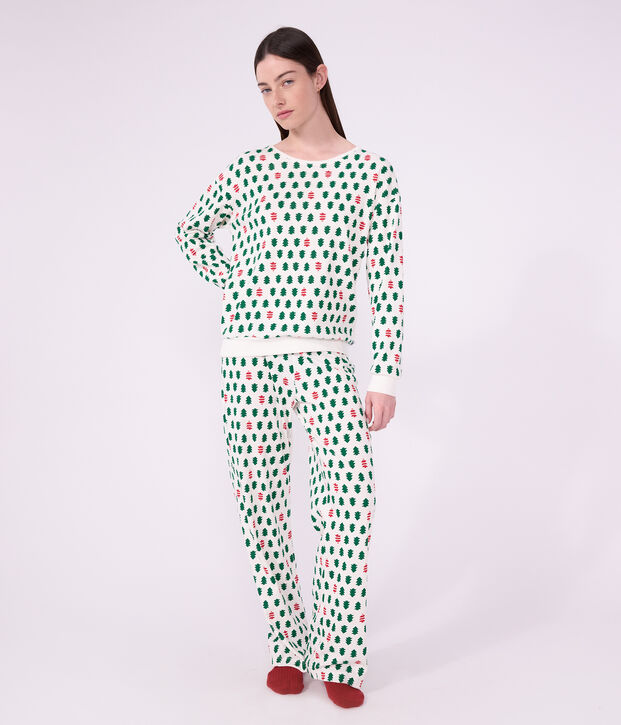 Pijama de algod&oacute;n con estampado abetos para mujer blanco/multicolor