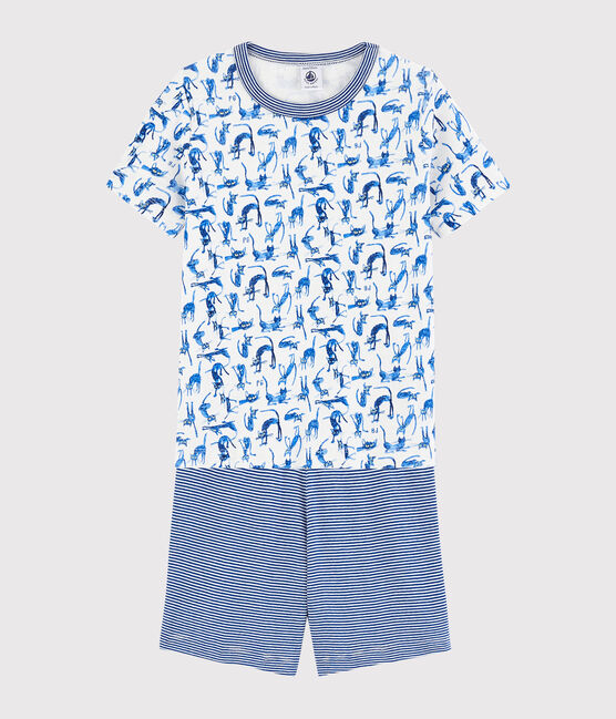 Pijama corto con estampado de gato de algodón de niño blanco MARSHMALLOW/blanco MULTICO