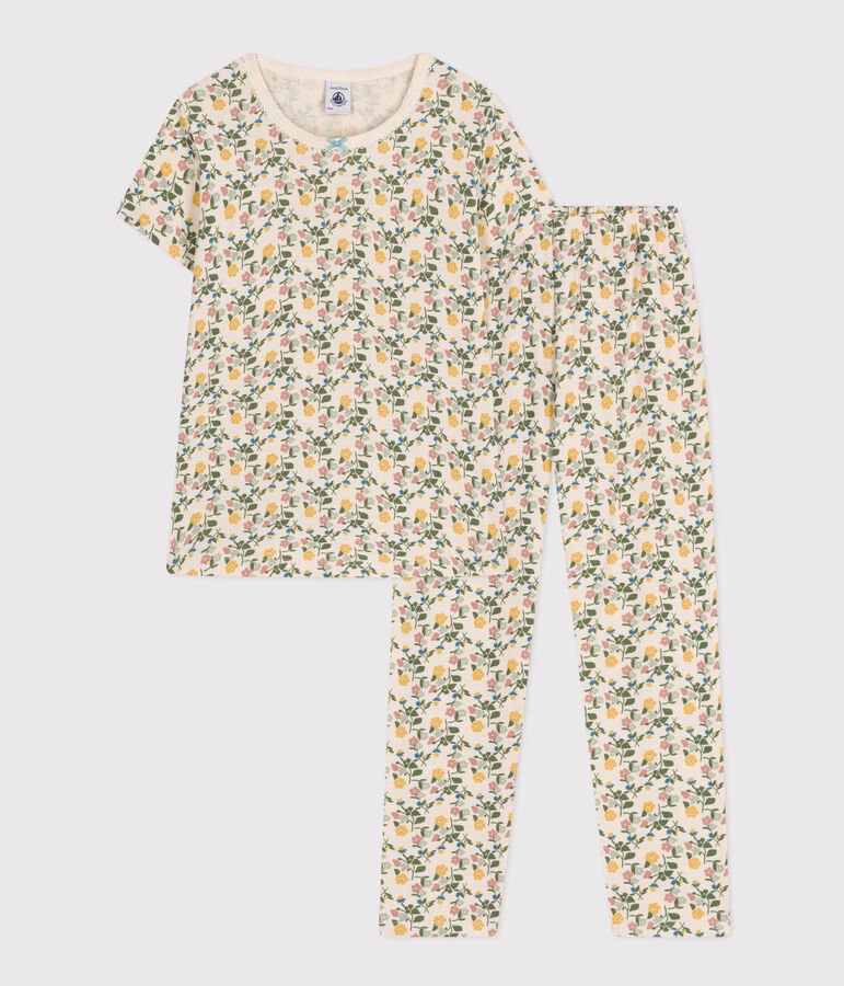 Pijama infantil de algod&oacute;n con estampado de flores crudo/multicolor