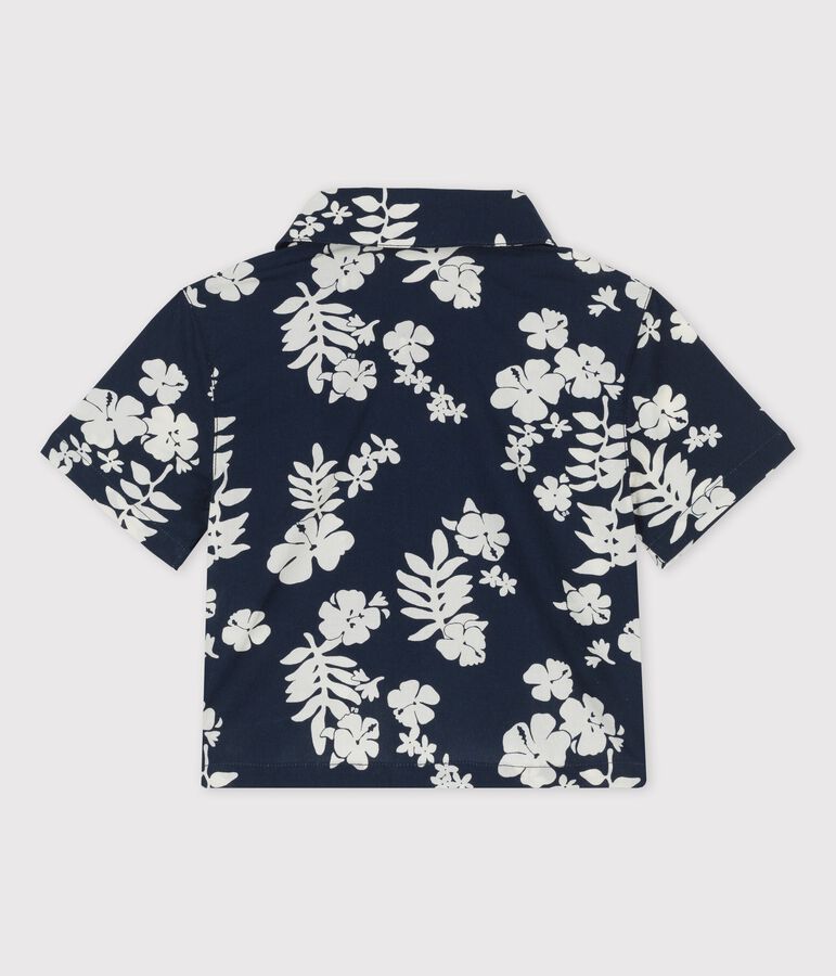 Camisa de manga corta con estampado hawaiano de popelina de beb&eacute; azul/blanco