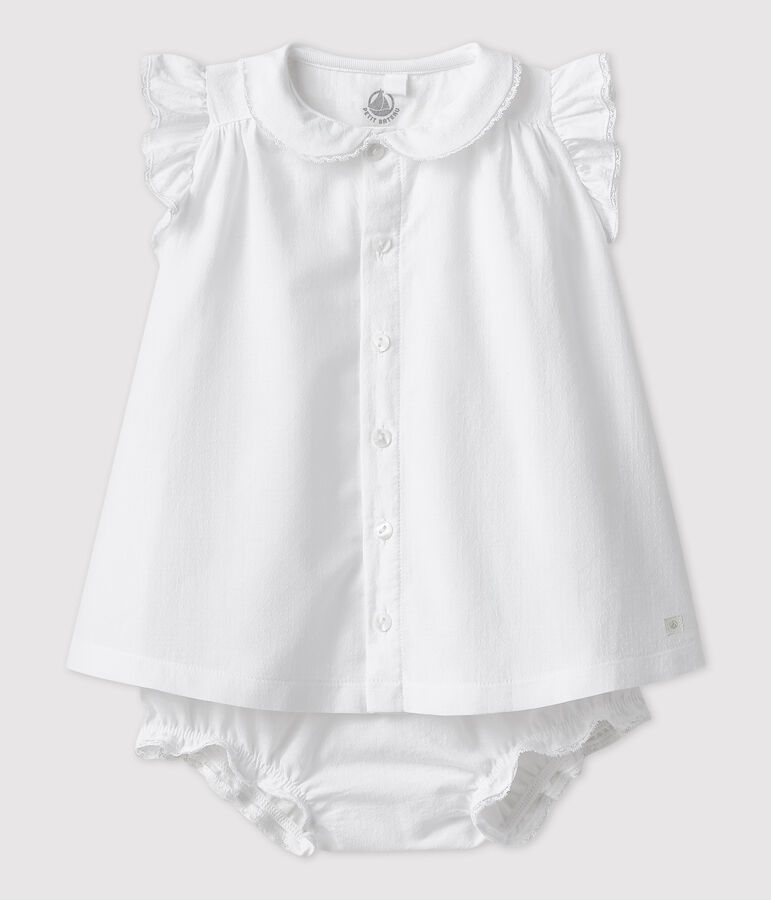 Vestido blanco de manga corta con braguitas bloomer de beb&eacute; ni&ntilde;a en popelina de algod&oacute;n ecol&oacute;gico blanco
