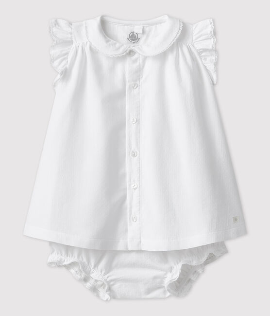 Vestido blanco de manga corta con braguitas bloomer de bebé niña en popelina de algodón ecológico blanco ECUME