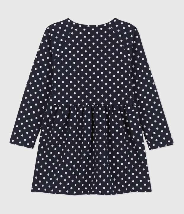 Vestido con lunares de mulet&oacute;n de manga larga de ni&ntilde;a azul/crudo