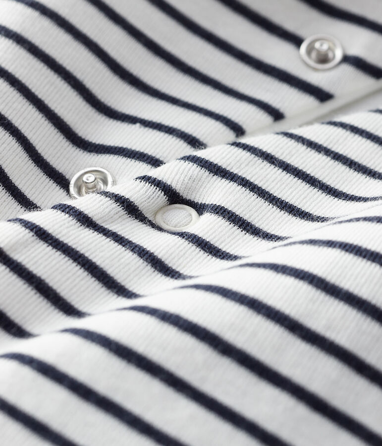 Mono largo a rayas con capucha de beb&eacute; de algod&oacute;n org&aacute;nico blanco/azul