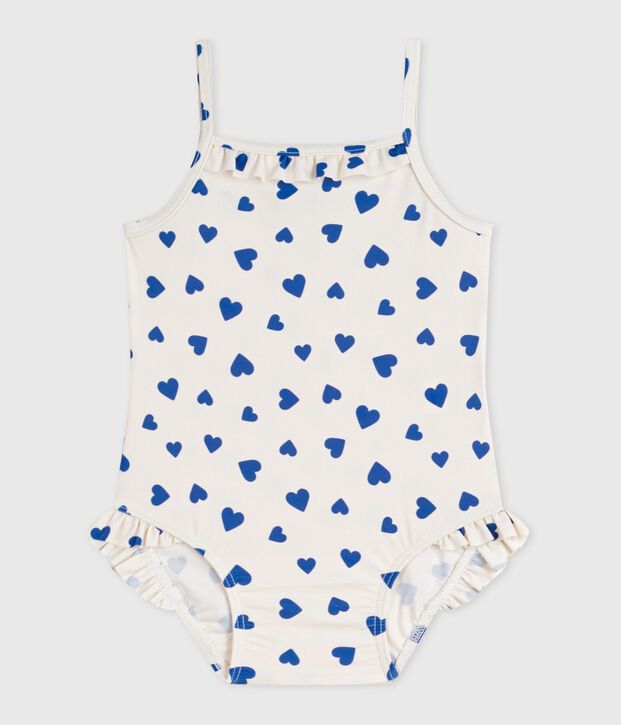 Ba&ntilde;ador con volantes y estampado de corazones para beb&eacute; blanco/azul