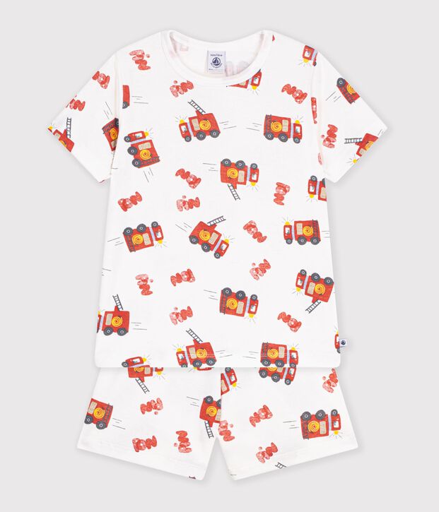 Pijama corto infantil de algod&oacute;n con estampado de bombero blanco/multicolor