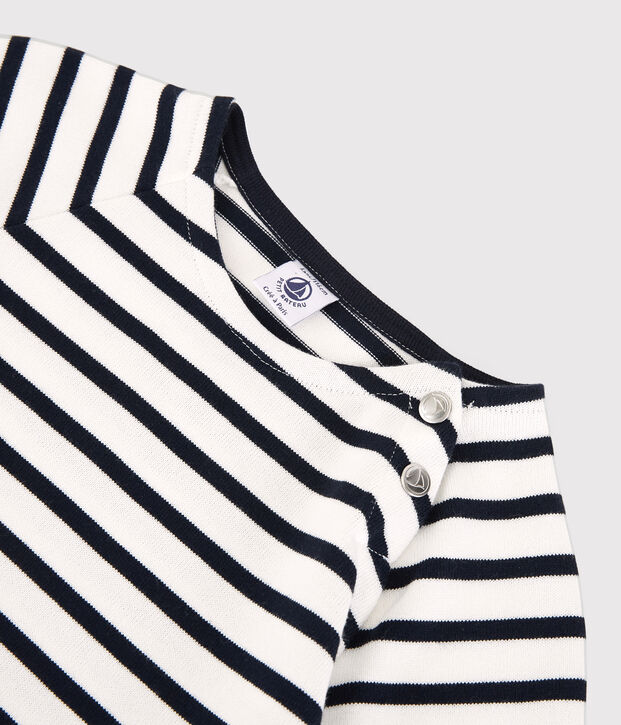 Vestido de manga corta de algod&oacute;n de ni&ntilde;a blanco/azul