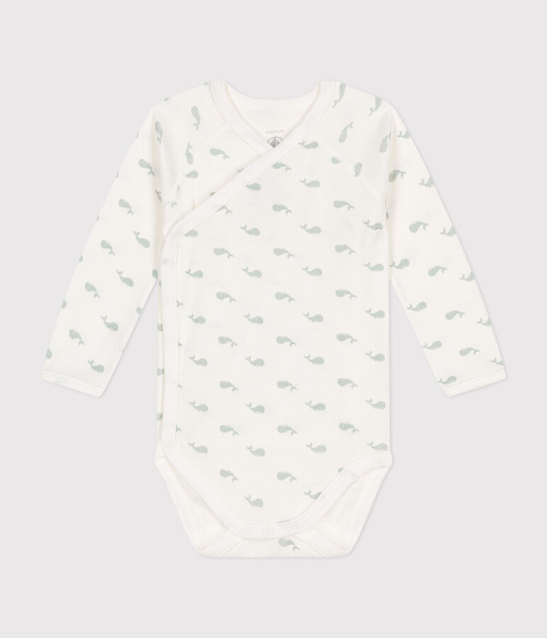 Body cruzado de manga larga de algod&oacute;n para beb&eacute; blanco/verde