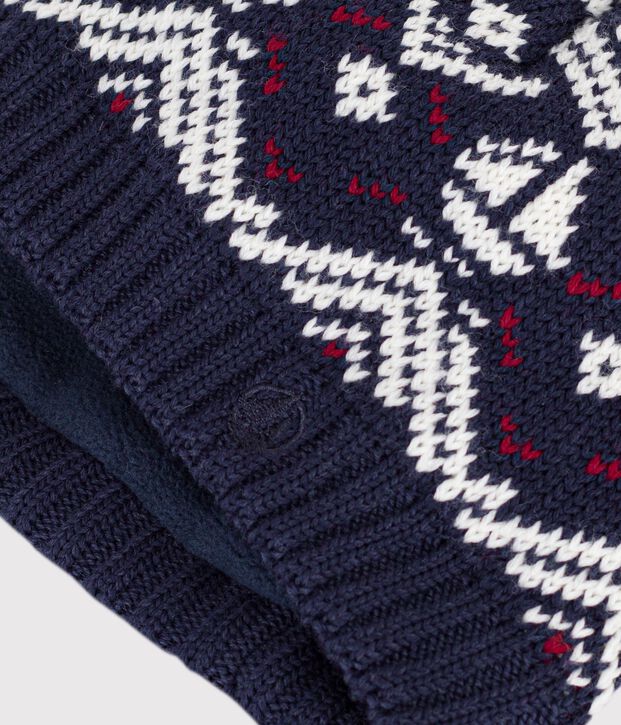 Gorro jacquard de lana y algod&oacute;n con forro polar para beb&eacute; azul/crudo/rojo