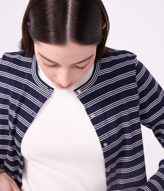 C&aacute;rdigan de algod&oacute;n a rayas para mujer azul/blanco