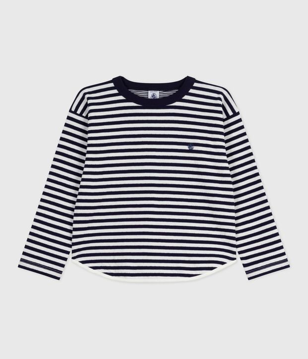 Camiseta infantil de algod&oacute;n de manga larga a rayas azul/crudo