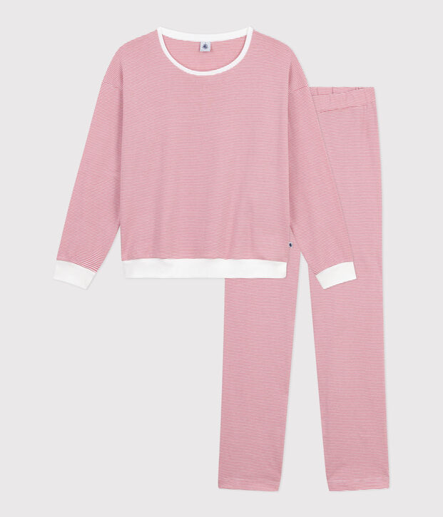 Pijama de algod&oacute;n a rayas para mujer rosa/blanco