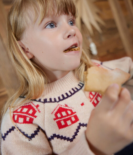 Jersey de jacquard de lana y algodón de niña/niño beige MONTELIMAR/blanco MULTICO